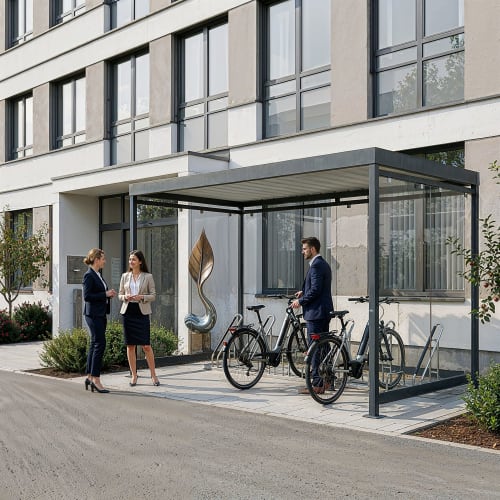 Fahrradüberdachung Köln Bike Economy K4 b/b mit zwei Fahrrädern und drei Personen vor einem modernen Gebäude
