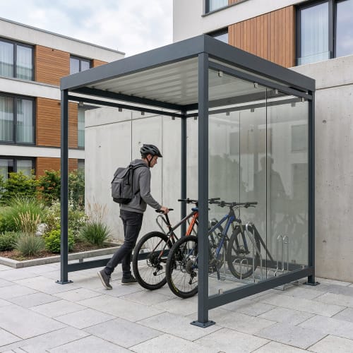 Kompakt-Fahrradüberdachung Köln Bike Enonomy K2 b/b mit zwei Fahrrädern und Person mit Helm