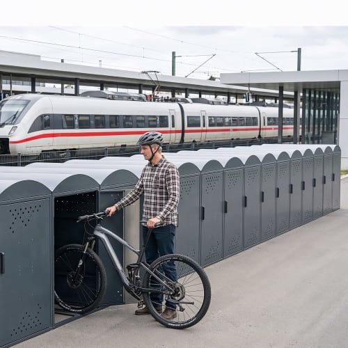 Mann mit Fahrradhelm stellt Fahrrad in Fahrradgarage BikeBox 1 B mit Münzpfandschloss an Bahnhof ab