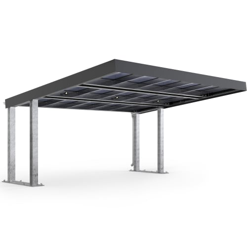 Carport SolarCover mit Solarpaneelen auf dem Dach und Metallstützen