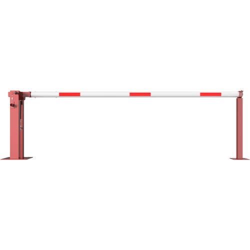 Wegschranke mit Gasdruckfeder und festem Auflagepfosten in rot und weiß mit roten Markierungen