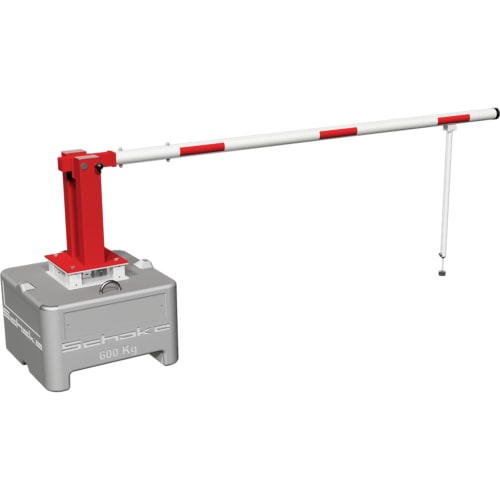 Mobile Wegschranke mit Gasdruckfeder und Pendelstütze, rot-weiße Schranke mit grauer Basis