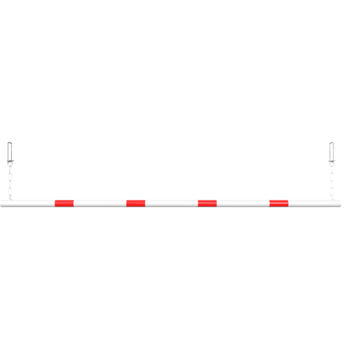 Weiße und rote Barrriere zur Befestigung an Höhenbegrenzern mit Ketten und Halterungen
