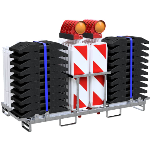 Absperr-Set Trio NOX mit Schrankenzäunen, Baken, Leuchten und Fußplatten auf Metallgestell