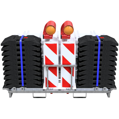 Absperr-Set Trio Typ 60 mit Schrankenzäunen, Baken, Leuchten und Fußplatten auf Metallgestell