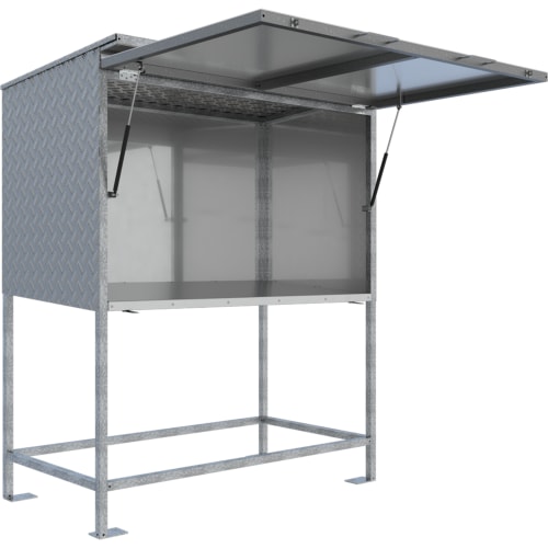 Mobiler Planstand Bauplan-Container aus Metall mit aufklappbarem Dach