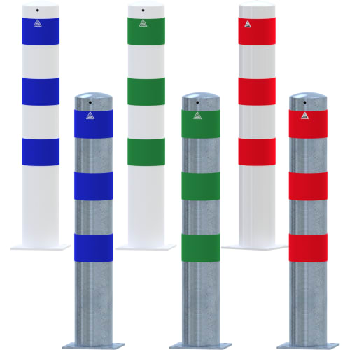 Schake Rammschutzpoller für E-Ladesäulen in den Farben Blau, Grün und Rot, aus Metall und Kunststoff, mit Streifenmuster, verschiedene Durchmesser von 76 mm bis 193 mm, zum Aufdübeln
