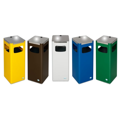 Wertstoffsammelgerät WSG 25R in verschiedenen Farben gelb, braun, weiß, blau und grün mit quadratischem Design und Metallverschluss