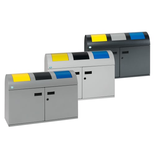 Wertstoffsammelstation WSS 50 R in verschiedenen Farben mit gelben, schwarzen und blauen Einwurfklappen