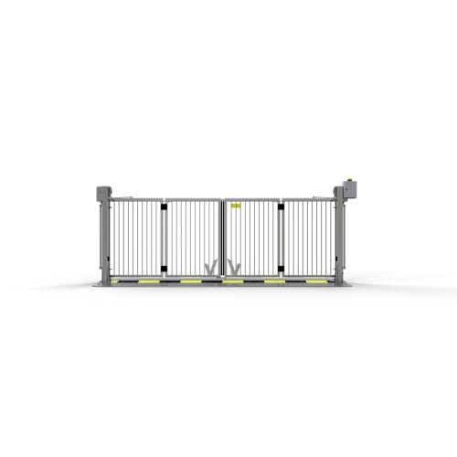 Schake VECTOR V-Fold-Steelplate Falttor aus Stahl mit vertikalen Stäben und gelb-schwarzer Bodenmarkierung