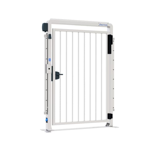 Schake VECTOR V-Door-Compact-Fix-Basic weiße Metalltür mit vertikalen Stäben und schwarzem Griff