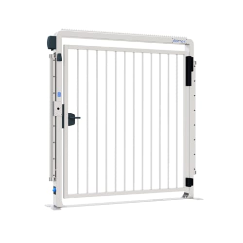 Weißes Schake VECTOR V-Door-Fix-Basic Türgitter mit vertikalen Stäben und schwarzem Griff