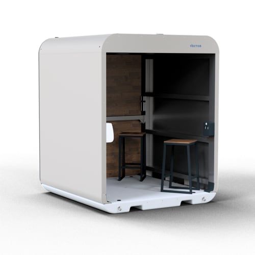 Schake VECTOR V-Lounge mobiler Aufenthaltsraum mit zwei Hockern und Holzverkleidung innen