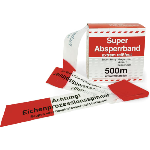 500 m Flatterband Absperrband Achtung Eichenprozessionsspinner mit Warnhinweis und rotem und weißem Design