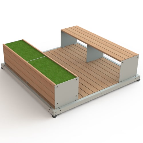 Stadtmobiliar Parklet mit Hocker und Beet aus Holz und Metall mit integriertem Pflanzbeet und Sitzgelegenheit
