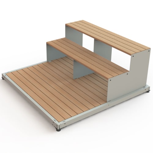 Stadtmobiliar Parklet mit Tribüne aus Holz und Metall, moderne Sitzgelegenheit mit zwei Stufen und Plattform