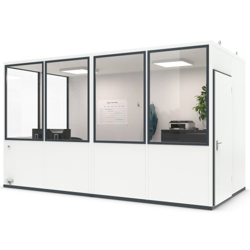 Mobiles Raumsystem MultiRoom Indoor Basic 10 mit großen Glasfenstern und weißer Außenwand