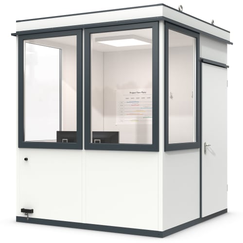 Mobiles Raumsystem MultiRoom Outdoor Basic 5 mit großen Fenstern und Tür, weiß und grau, Innenraum mit Monitoren und Projektzeitplan