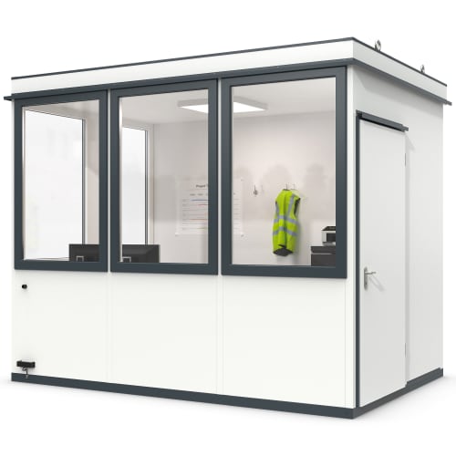 Mobiles Raumsystem MultiRoom Outdoor Basic 7 mit großen Fenstern und weißer Tür, Innenraum mit gelber Warnweste und Projektplan