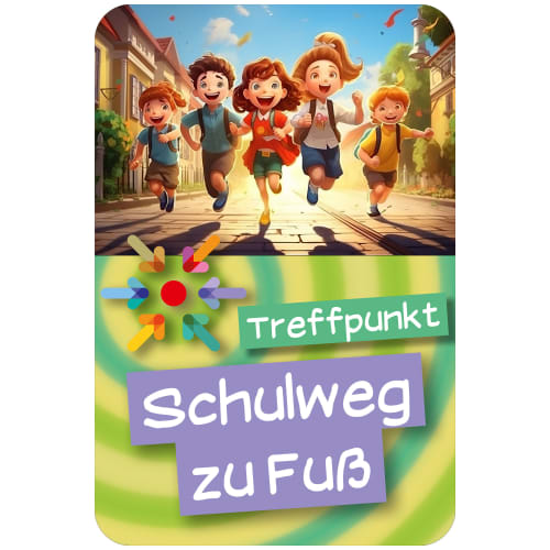 Schulwegschild Treffpunkt mit fröhlichen Kindern, die zu Fuß zur Schule laufen