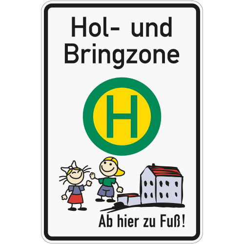 Schulwegschild Hol- und Bringzone mit Symbol H, zwei Kinder und Haus, Text Ab hier zu Fuß