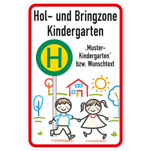 Kitaschild Hol- und Bringzone Kindergarten mit Haltestellenschild und zwei spielenden Kindern
