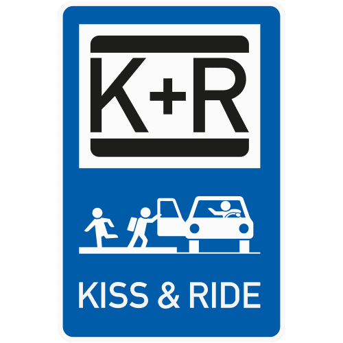 Blaues Schulwegschild Kiss & Ride mit Symbolen von Kindern, die aus einem Auto aussteigen