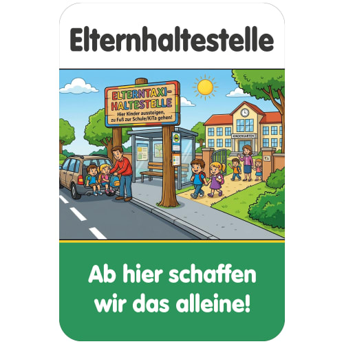 Schulwegschild Elternhaltestelle im Comicstil mit Eltern, Kindern und Kindergarten im Hintergrund