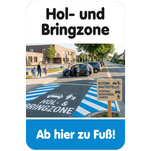 Schulwegschild Hol- und Bringzone mit Text Ab hier zu Fuß, Eltern-Haltestelle Schild und Kindern, die zu Fuß zur Schule gehen