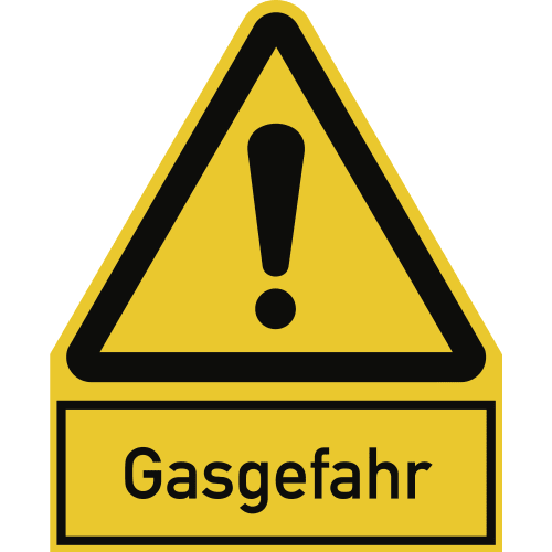 Warnschild mit Ausrufezeichen und dem Text Gasgefahr in gelb und schwarz