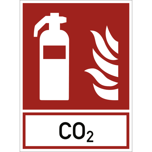 Kombischild Feuerlöscher mit CO2 Text und Feuer Symbol in Weiß auf rotem Hintergrund