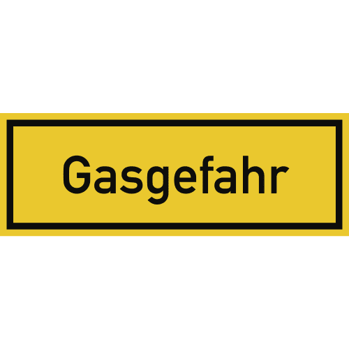 Gelbes Textschild mit schwarzem Rand und der Aufschrift Gasgefahr