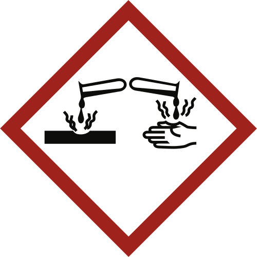 GHS-Symbol Ätzwirkung (GHS 05) mit ätzender Flüssigkeit, die auf Hand und Oberfläche tropft