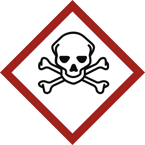 GHS-Symbol Akute Toxizität mit Totenkopf und gekreuzten Knochen in rotem Rautensymbol