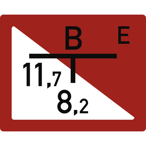 Hinweisschild auf einen Löschwasserbrunnen mit Tiefpumpe, rote und weiße Fläche mit schwarzen Buchstaben und Zahlen B, E, T, 11,7, 8,2