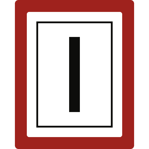 Hinweisschild auf eine Brandwand mit schwarzem Buchstaben I auf weißem Hintergrund und rotem Rand
