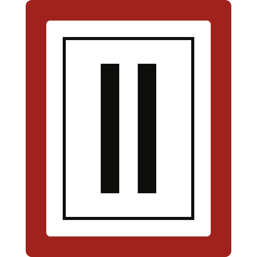 Hinweisschild auf eine Komplextrennwand mit zwei schwarzen vertikalen Balken auf weißem Hintergrund und rotem Rand