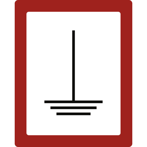 Hinweisschild auf eine Erdungseinrichtung mit Erdungssymbol und rotem Rand