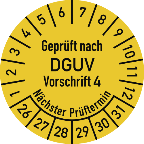 Prüfplakette gelb mit Aufschrift Geprüft nach DGUV Vorschrift 4 und Nächster Prüftermin