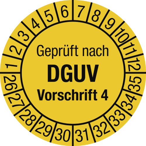 Prüfplakette Geprüft nach DGUV Vorschrift 4 gelb mit Zahlenring