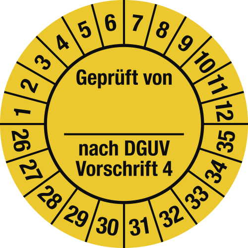 Prüfplakette gelb mit Text Geprüft von nach DGUV Vorschrift 4 und Zahlenring von 1 bis 35