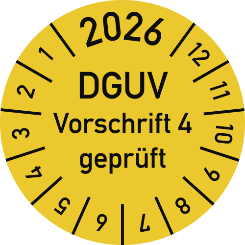 Gelbe Prüfplakette mit Aufschrift DGUV Vorschrift 4 geprüft und Jahresangabe 2026