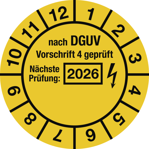 Prüfplakette nach DGUV Vorschrift 4 geprüft mit nächster Prüfung 2026