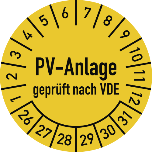 Prüfplakette PV-Anlage geprüft nach VDE mit Monats- und Tagesangaben