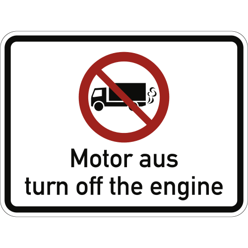 Hinweisschild Motor aus mit Symbol eines LKW und rotem Verbotssymbol, Text turn off the engine