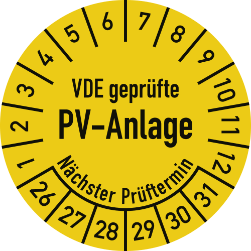 Prüfplakette VDE geprüfte PV-Anlage mit Hinweis auf nächsten Prüftermin