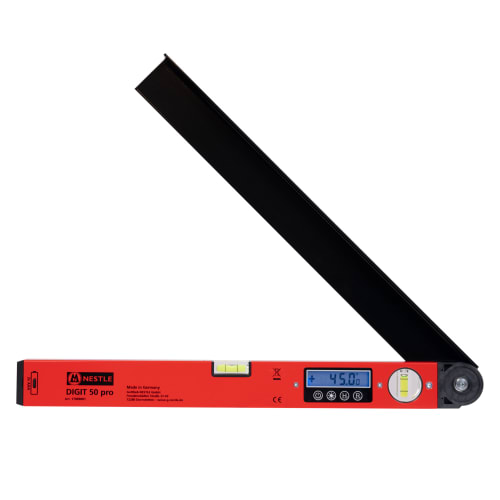 NESTLE DIGIT 50 pro digitaler Winkel- und Neigungsmesser mit Wasserwaage, rotes Gehäuse, LCD-Display zeigt 45 Grad