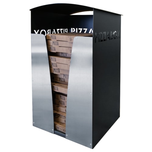 Abfallbehälter Pizzabox aus Metall mit mehreren gestapelten Pizzakartons