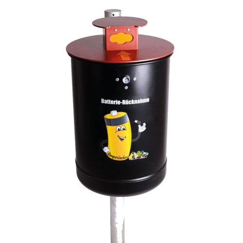 Batteriesammler Amperinchen schwarz mit rotem Deckel und gelber Batteriefigur zur Batterie-Rücknahme, Inhalt 10 Liter