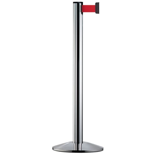 Gurtabsperrpfosten Beltrac Classic mit rotem Absperrband und verchromtem Pfosten